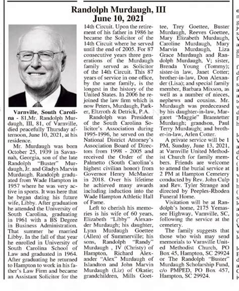 <b>Murdaugh</b>, the patriarch of the powerhouse legal family, three generations of whom have been state prosecutors, was ill at the time of his death, friends said. . Randolph murdaugh iii obituary near california